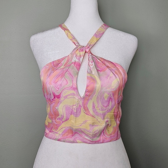 Zara Pink Yellow Satin Marble Swirl Open Tie Back Brami Cropped Halter Top, S - Picture 1 of 7